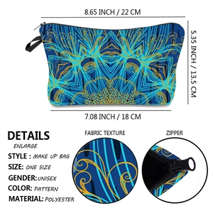 Tableau des tailles pour trousse de maquillage mandala bleu avec détails de fermeture