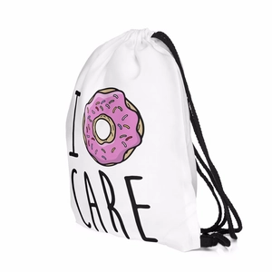 Polyester drawstring bag with colorful donut prints and I Donut Care slogan design