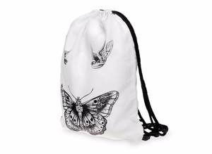 White satin drawstring backpack featuring black and white butterfly and bird illustrations