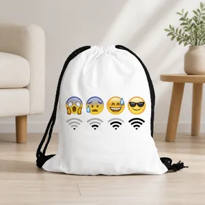Funny Emoji WiFi Signal Print Drawstring Backpack Waterproof Polyester Cinch Bag Travel Storage Organizer For Men Women