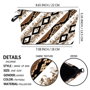 Polyester makeup bag details showing geometric diamond print and product dimensions