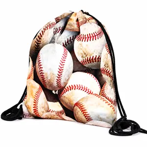 Mochila de cuerdas de poliéster con estampado 3D de béisbol realista y cuerdas negras