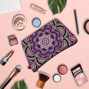 Mandala pattern floral makeup pouch with purple and pink geometric design and zipper