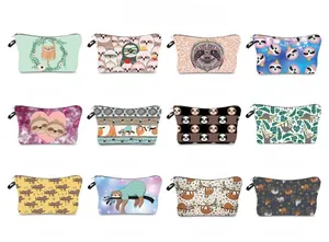 Collage of multi-patterned sloth print travel cosmetic bags with zipper and handle