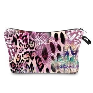 Multicolor leopard print makeup bag with zipper closure and side wrist strap for travel