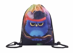 Starry gradient drawstring bag featuring a cute owl in a pirate hat and red bandana
