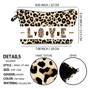 Leopard print LOVE YOU makeup bag with dimensions and texture detail for travel