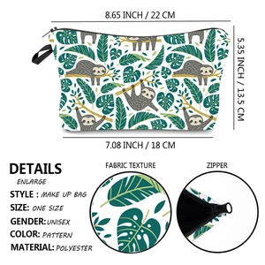 Polyester makeup bag with sloth print and palm leaves featuring dimensions and zipper detail