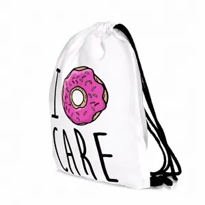 Polyester drawstring bag with a pink donut print and I Donut Care slogan on white