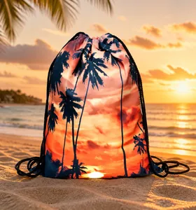 Sunset Palm Tree Print Drawstring Backpack Polyester Waterproof Tropical Vacation Gym Sport Sackpack For Men Women Travel Storage Bag