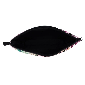 Top view of a purple leopard print makeup bag with a black lining and top zipper closure