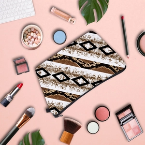 Geometric rhombus ink print makeup bag with snake skin texture and metal zipper
