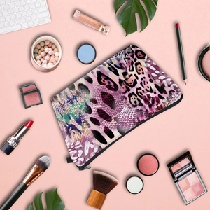 Multicolor leopard print makeup organizer bag with brushes and cosmetic items