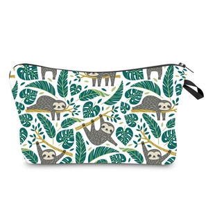 Multipurpose travel sloth print makeup bag with tropical leaf patterns and black zipper