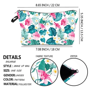 Detail view of floral makeup bag showing polyester material and precise size measurements