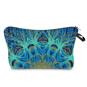 Trousse de maquillage bleu foncé avec motif mandala doré et poignée latérale noire