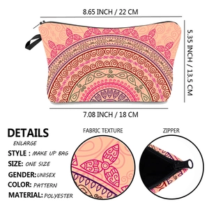 Detailed view of mandala cosmetic bag with dimensions: 22cm top width and 13.5cm height