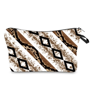 Geometric ink print makeup bag with snakeskin pattern and portable strap for travel