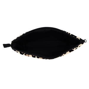 Leopard print makeup bag with LOVE YOU pattern, featuring top zipper and spacious interior