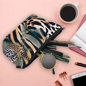 Trousse à maquillage imprimé léopard et tigre pour femme avec fermeture à glissière