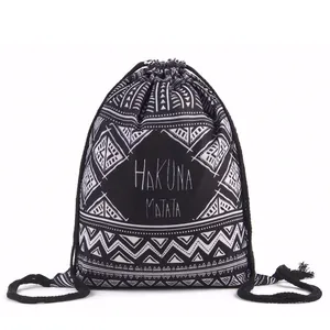 Geometric Pattern Hakuna Matata Print Drawstring Backpack Tribal Bohemian Style Polyester Travel Storage Bag For Men Women