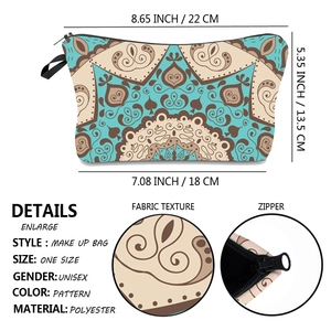 Detailed dimensions of mandala cosmetic bag showing top and bottom width with height