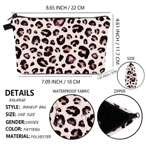 Waterproof leopard print makeup bag with zipper detail and polyester fabric specifications