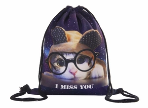 Starry galaxy drawstring bag with cat print wearing glasses and I MISS YOU text
