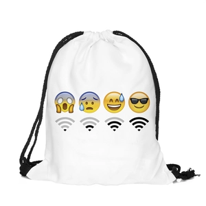 White drawstring bag featuring creative emoji prints and wifi signal icons