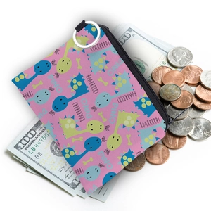 Pink cartoon dinosaur print coin purse with a round metal ring and zipper closure
