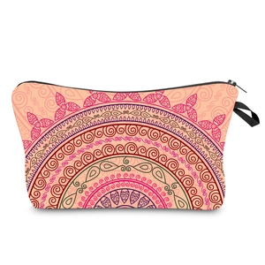 Pink Mandala printed makeup bag with black zipper and handle for travel organization