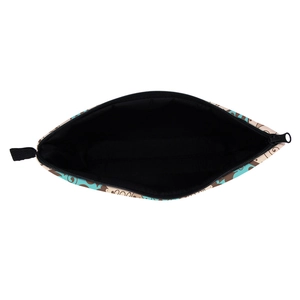 Top view of open mandala print makeup bag showing black interior and secure zipper detail
