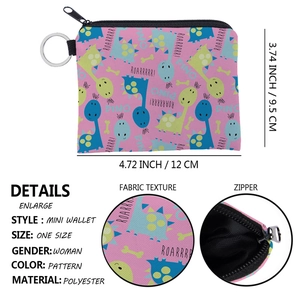 Pink cartoon dinosaur mini wallet with metal keyring and durable polyester fabric