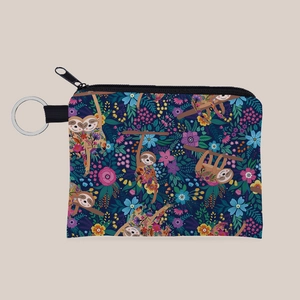 Detail of waterproof sloth pattern coin purse with metal zipper and sturdy keychain ring
