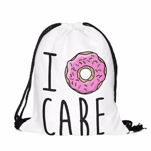 White drawstring storage bag with donut print and I CARE graphic text design