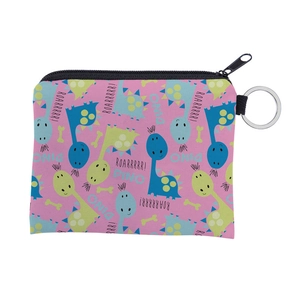 Detail of pink cartoon dinosaur coin purse with silver keychain ring and black zipper