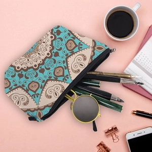 Macro detail of mandala pattern cosmetic bag with high quality zipper and durable fabric