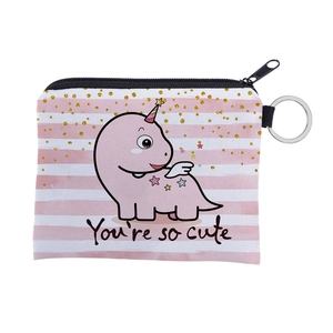 Vue détaillée du porte-monnaie dinosaure rayé rose avec porte-clés et fermeture éclair