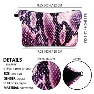 Trapezoidal polyester makeup bag with purple snakeskin digital print and zipper