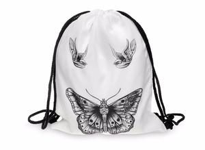 White drawstring storage bag with black butterfly and bird sketch printed pattern