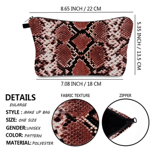 Stylish snake print makeup bag in red-brown polyester with zipper for travel and storage