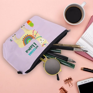 Purple polyester makeup bag with cartoon llama print and No Drama Llama text