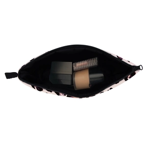 Stylish leopard print makeup bag for travel featuring purple and black spots on pink base