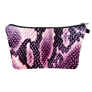 Purple snakeskin pattern cosmetic bag with top zipper and compact travel design