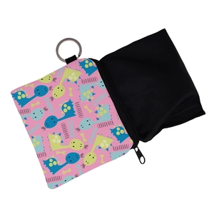 Pink cartoon dinosaur coin purse with zipper closure and metal keyring attachment