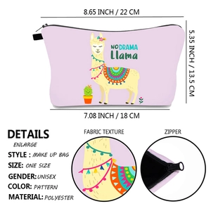 Pink alpaca makeup bag for women featuring No Drama Llama print and size measurements