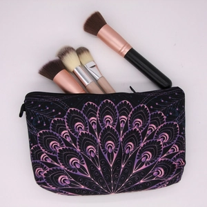 Digital mandala print makeup bag in deep purple with brushes, multi-purpose travel pouch