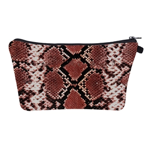 Brown snakeskin printed makeup bag with secure black zipper and trapezoid structure