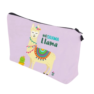 Purple No Drama Llama canvas makeup bag with digital alpaca print and zipper