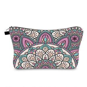 Detailed macro view of colorful mandala pattern on a multifunctional travel cosmetic bag